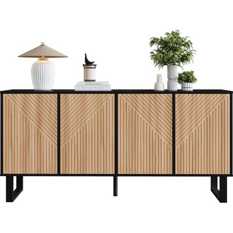Modernes, minimalistisches Sideboard,Kontrastierendes Design in schwarzer Holzmaserung,3D-Streifenfront,Extra großer Stauraum,Geeignet für Eingangsbereich und Wohnzimmer