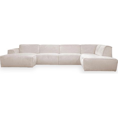 Mobilier Deco – Canapé panoramique en tissu beige – Angle droit – 5 places – Dimensions L380xP222xH78 cm – Dossier rembourré et accoudoirs enveloppants (1/5)
