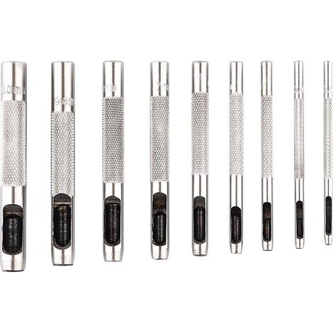 Lot de 9 poinçons creux en acier de 2,5 à 10 mm pour le cuir, pour montres, tissus, ceintures, joints avec sac de rangement (1/5)