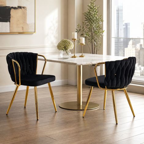 Sedia da pranzo nera e oro in velluto con schienale intrecciato, stile moderno e comfort ergonomico,43x58x76 cm (1/5)