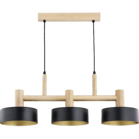 Suspension scandinave en bois clair et métal noir, 3 lumières E27 15 W GLORY Alfa (1/2)