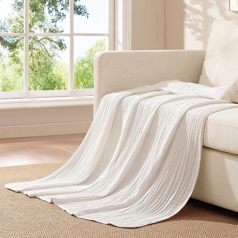 Jete de Canape Grande Taille, Grande Couverture en Mousseline, 100% Coton, Plaid pour Adultes Blanc, 220x240 CM, Couverture Rafraîchissante Et Respirante pour Lit (1/5)