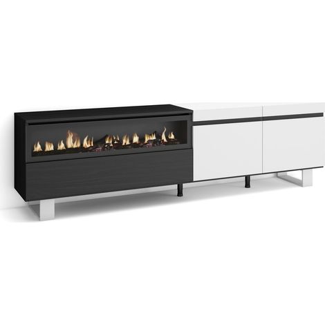 Skraut Home - Mueble TV, Televisión, Muebles de salón, almacenaje, 200x57x35cm, Para TV hasta 80", Chimenea eléctrica, Diseño industrial, Estilo Moderno, Blanco y negro (1/5)
