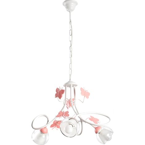 Lustre 3 bras en métal blanc et papillons roses (1/5)