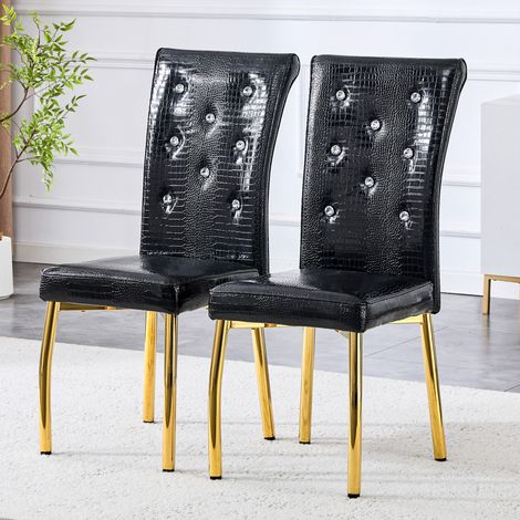 Lot de 2 fauteuils de salle à manger rétro simili cuir crocodile,boucle cristal,design élégant et mystérieux,pieds métal plaqué or. (1/5)