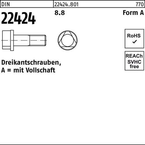 DIN 22424 Form A Dreikantschraube M8x25 Stahl 8.8 blank Dreikant 100 Stk (1/2)