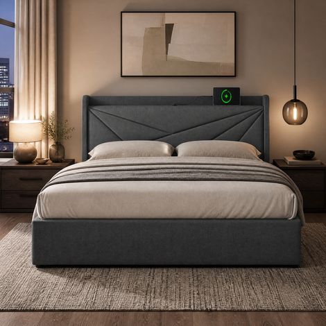 Polsterbett 180x200 cm mit Stauraum, grauem Stoff, USB-C und Lattenrost OKWISH (1/5)