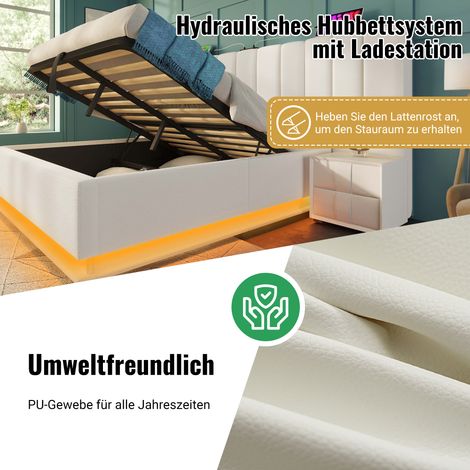 Lit double 180x200, sommier coffre avec LED pilotable par app et charge USB-C, cadre de lit en PU blanc, sans matelas ni table de chevet (1/5)