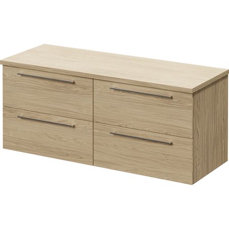 Napoli 460 Light Oak 1200mm Wall Mounted 4 Drawer Vanity Unit for Countertop Basins - 1200mm - Chrome 320mm Handle