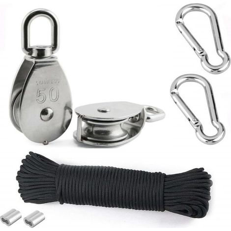 Puleggia di sollevamento - 2 pezzi 50 mm 304 Puleggia in acciaio inossidabile, 2 pezzi M50 Puleggia singola, per corde e cavi, con corda da arrampicata da 8 mm 20 m (1/5)
