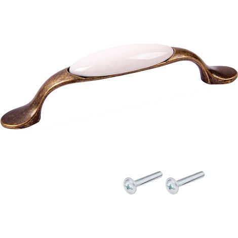 Tirador de estilo vintage para muebles, fabricado en zamak con acabado de latón porcelánico, con una distancia entre centros de 96 mm, para cajones y armarios, incluye tornillos. (1/3)