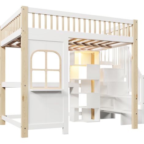 GagaGagaLit mezzanine 140x200 cm LED, bureau, rangement, blanc naturel (1/5)