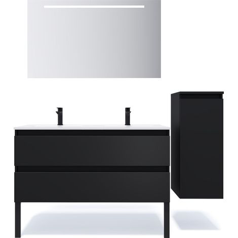 Meuble de salle de bain suspendu double vasque intégrée 120cm 2 tiroirs Noir + miroir + colonne ouverture droite - Hudson (1/5)