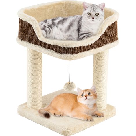 Albero per gatti da interno con palla pendente, Torretta per gatti con posatoio in peluche e pali graffianti in sisal Beige (1/3)