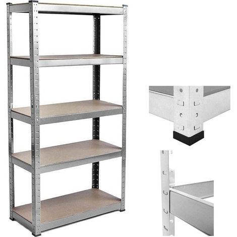 Étagère robuste à 5 niveaux pour garage, utilitaire, maison, étagère de rangement 180 x 90 x 40 cm, étagères en MDF et acier métallique, assemblage sans boulons – Galvanisée