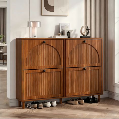 Meuble à chaussures moderne, 4 portes basculantes, 8 compartiments, poignée ronde noire. Convient pour les entrées, les halls, les salons et les bureaux. MDF, couleur noyer. Dimensions : 120 x 24 x 90 (1/5)