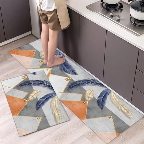 2 Pièce Tapis de Cuisine 40x120cm & 40x60cm Tapis Devant Evier Antidérapants Absorbant Orange Gris Bleu Paillasson (1/3)
