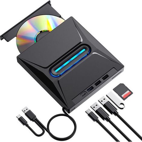 Unidad externa，equipada con 4 puertos USB，2 puertos Tipo-C y 1 ranura para tarjeta TF/SD，reproductor/grabador/lector de CD USB 3.0 portátil