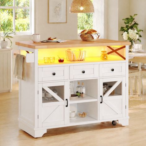MODFU – Isola cucina mobile 120x71x98 cm in MDF/metallo con piano ribaltabile, ante in vetro, LED tramite app e carico 60 kg – Bianco (1/5)
