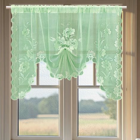 Cortinas semitransparentes de encaje floral verde, perfectas para la cocina y el baño. Dimensiones: 150 x 100 cm. (1/5)