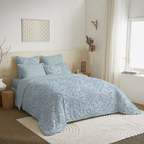 Pack complet housse de couette - Cachemire bleu - 240 x 220 cm - 100% coton - 6 pièces - Lavable en machine