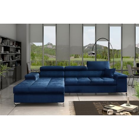 Canapé d'angle convertible en tissu luxe 5 places, RICHARD, bleu, angle gauche (1/5)