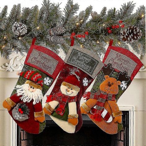 Decoraciones navideñas, 3 pares de calcetines navideños clásicos de 45 cm (18") con personajes de Papá Noel, muñeco de nieve y reno para las fiestas navideñas en familia. (1/5)