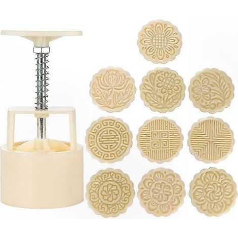 10-teiliges Mondkuchen-Ausstechformen-Set, DIY-Kekspresse für das Mittherbstfest, Backwerkzeug mit 1 Form und 10 Stempeln (Weiß) (1/5)