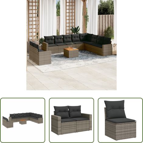 vidaXL Rattan - 11-tlg. Garten-Sofagarnitur mit Kissen Grau Poly Rattan (1/5)