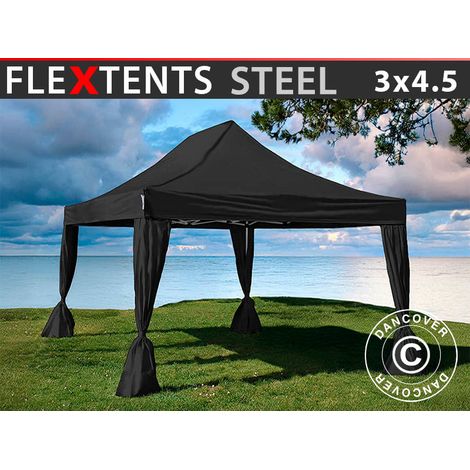 Faltzelt FleXtents Steel 3x4,5m, Schwarz, mit 4 Gardinen