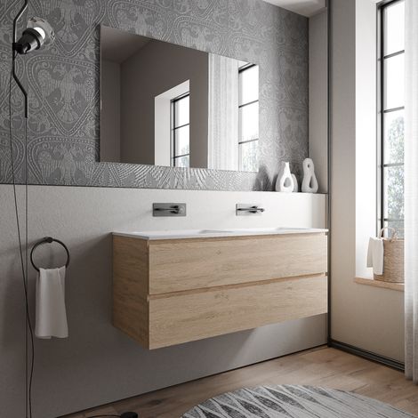 BERNSTEIN - Meuble double vasque suspendu MDF Chêne miel, 2 lavabos fonte Blanc mat sans trou robinet - 120x46x50cm - AVA CREAM