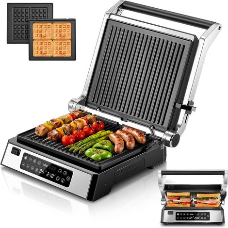 Gril Électrique Multifonction 4 en 1 Appareil Panini Plaques amovibles antiadhésives, sandwichmaker, ouverture 180º, temps température personnalisés, LED 2200W (1/5)
