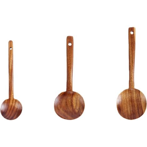 Ensemble de 3 pièces - Cuillère ronde - Ustensile de cuisine - Bois de teck - Pour remuer, mélanger, servir la soupe, cuire le porridge - Trois tailles (22 x 6 cm + 25 x 9 cm + 30 x 9,5 cm) - Marron (1/5)