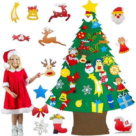Arbre De Noël En Feutrine - 120 Cm - Jeu Éducatif Pour Enfants - Décoration Murale Détachable Avec 34 Ornaments - Lot Complet (1/5)