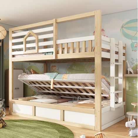 Kinder-Etagenbett 90 x 200 cm im Hausstil, Weiß und Natur, OKWISH (1/5)