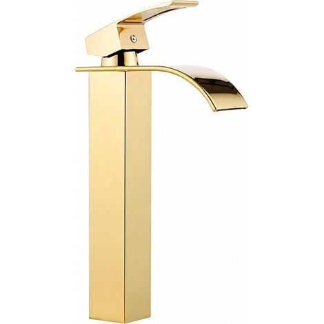 Robinet de lavabo à cascade plate, eau chaude et froide, finition chromée dorée moderne (1/4)