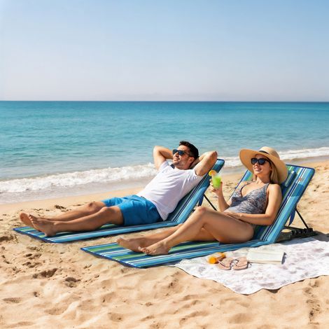 Ensemble 2 tapis plage dossier réglable chaise longue longue légère pliante sac rangement oreillers (1/4)