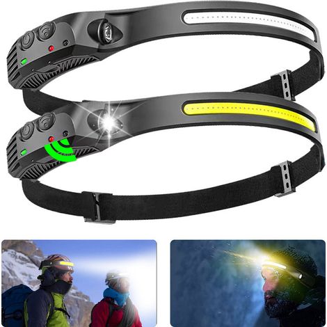 2 Stück LED-Stirnlampen, USB-wiederaufladbar, wasserdicht, COB-XPE-Lampe mit intelligentem Sensormodus für Angeln, Camping, Radfahren und Laufen