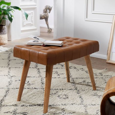 Tabouret 67x39x47 cm en cuir marron et manguier naturel (1/4)