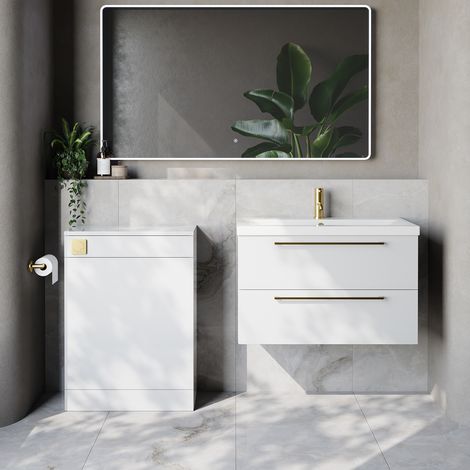 Napoli 390 Cento Gloss White 1400mm Wall Mounted 2 Drawer Vanity Unit and Toilet Suite with Glide Basin - 1400mm - Brushed Brass 480mm HandleWithout Kingston Toilet Pan