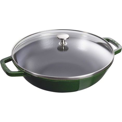 Wok en fonte avec couvercle en verre 30 cm Vert Basilic
