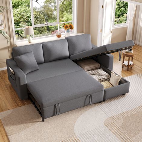 Canapé d'angle convertible L avec méridienne réversible gauche/droite, espace de rangement intégré, poches de rangement, canapé-lit pour salon