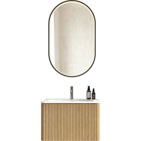 Mueble de baño con espejo LED 60 cm color roble con lavabo integrado y armario (1/5)