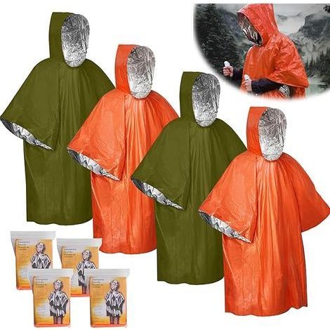 Notfall-Regenponcho, 4-teilige Rettungsdecke, Mylar-Aluminium-Thermodecke, Biwaksack, Notfallschlafsack, Erste-Hilfe-Heizdecke, Anzeige (1/5)