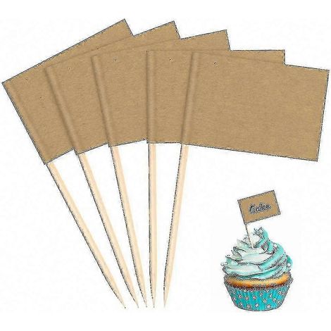 100 Pics Fanions Pique-Entrée Kraft Vierges Étiquettes 3,5x2,5 cm pour Buffet, Plateau Fromage, Cupcakes & Fruits (1/5)