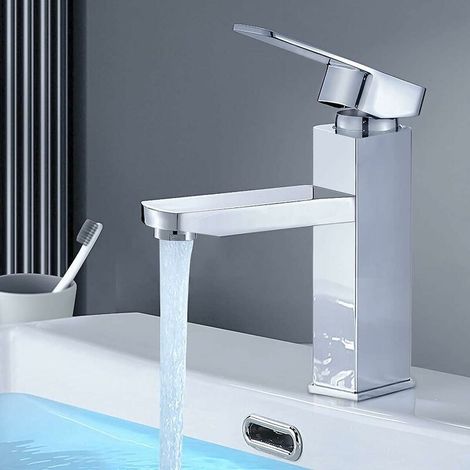 Robinet Salle de Bain Rectangulaire Monotrou Cartouche Céramique Chaude Froide Réglable Carrée Mitigeur pour Vasque Lavabo avec Mousseur Acier Inox Noir Mat (1/5)