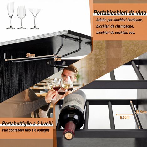 Ensemble de bar noir 3 pièces avec table haute, porte-bouteilles 6 places, porte-verres et 2 tabourets pour cuisine et salon (1/5)