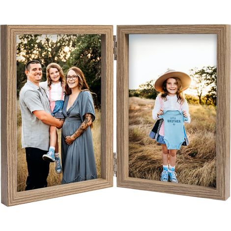 Double cadre photo pliable en bois avec support avant en verre vertical sur le bureau 13 x 18 cm, grain de bois (1/5)