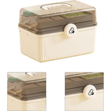 Boîte de rangement médicaments 3 niveaux, grande capacité, étanche, antichoc, portable, pour maison et extérieur, blanc ivoire (1/5)