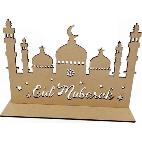 Tischdekorationen aus Holz für das Eid-Fest, festlicher Eid-Schmuck, Partyaccessoires aus Naturholz, Wanddekoration und Tischdekoration für die Eid-Feier, Set handgefertigter Holzdekorationen. (1/5)